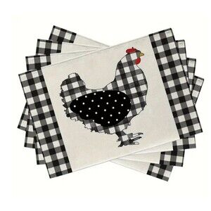 Chicken Placemats 12x18in 4-pack Black and Off-White Check Country Farmhouse NEW
